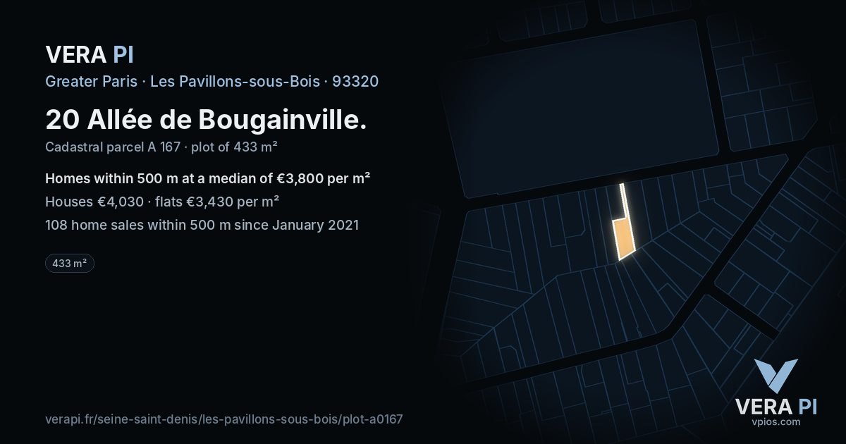 20 Allée de Bougainville, Les Pavillons-sous-Bois at night – the plot lit, the parcels around coloured by the prices near them