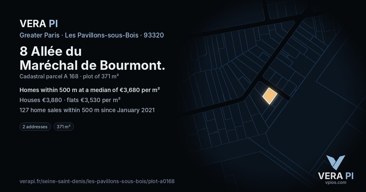 8 Allée du Maréchal de Bourmont, Les Pavillons-sous-Bois at night – the plot lit, the parcels around coloured by the prices near them