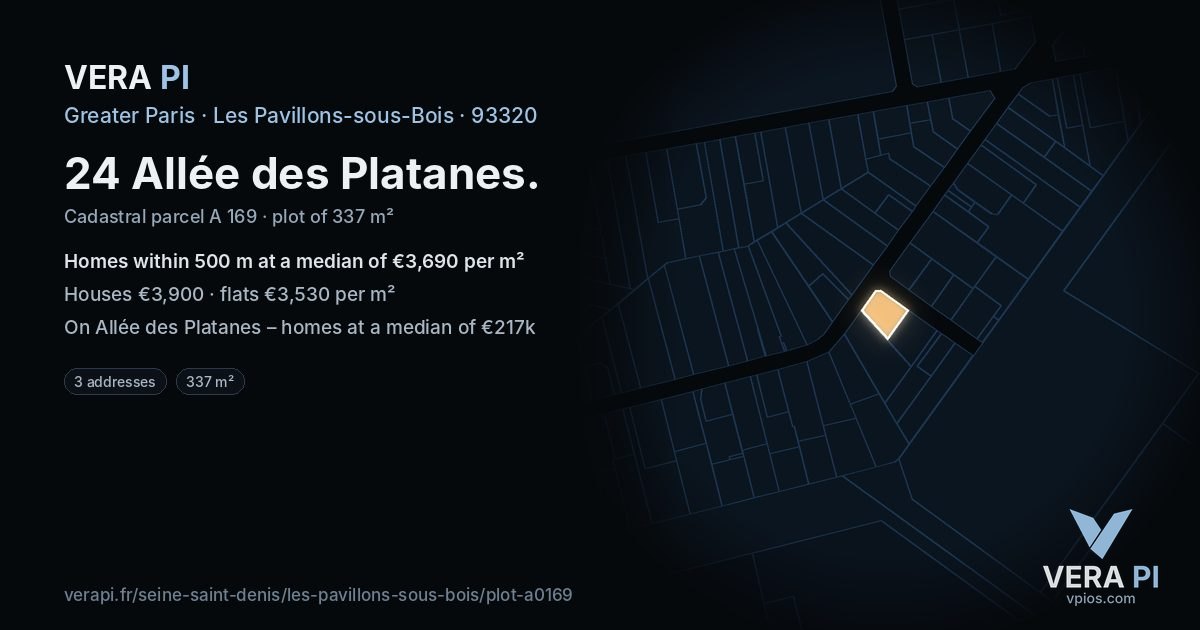 24 Allée des Platanes, Les Pavillons-sous-Bois at night – the plot lit, the parcels around coloured by the prices near them