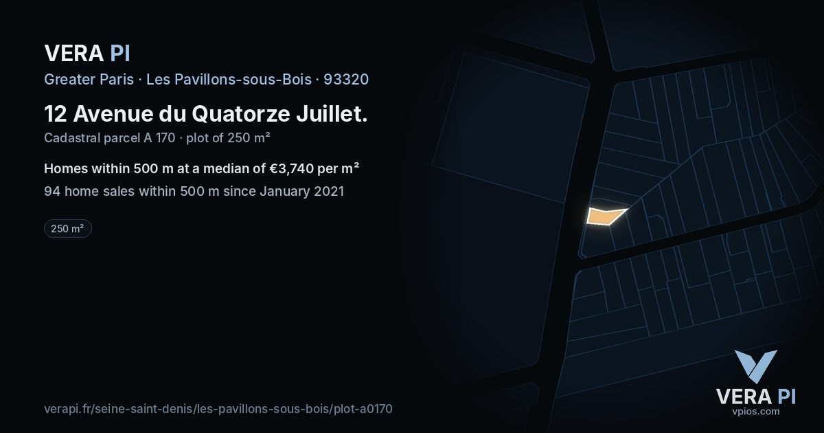 12 Avenue du Quatorze Juillet, Les Pavillons-sous-Bois at night – the plot lit, the parcels around coloured by the prices near them
