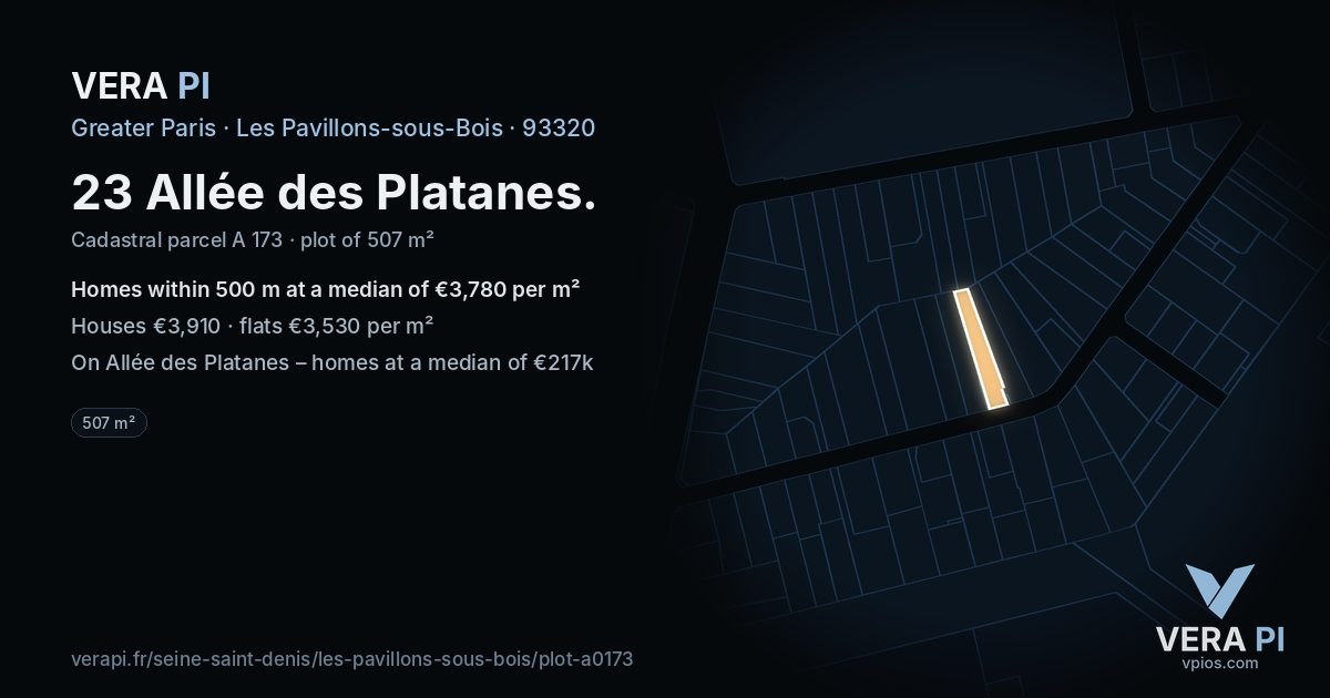 23 Allée des Platanes, Les Pavillons-sous-Bois at night – the plot lit, the parcels around coloured by the prices near them