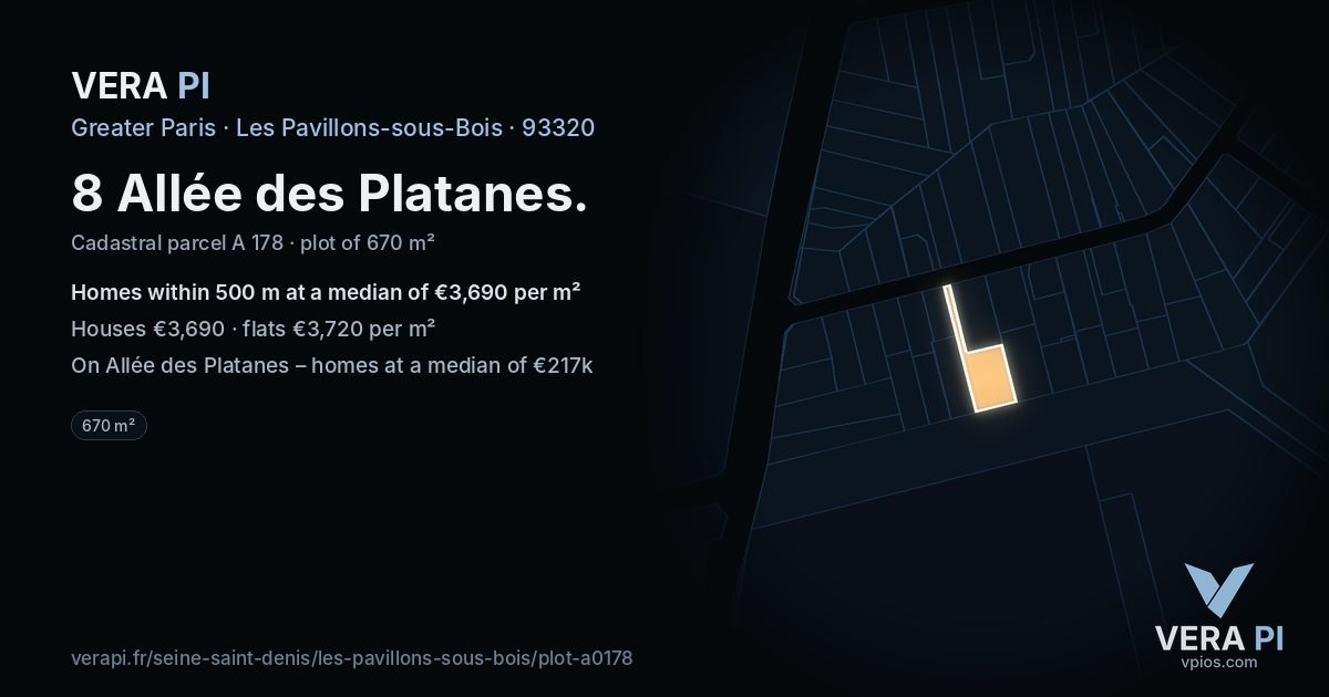 8 Allée des Platanes, Les Pavillons-sous-Bois at night – the plot lit, the parcels around coloured by the prices near them