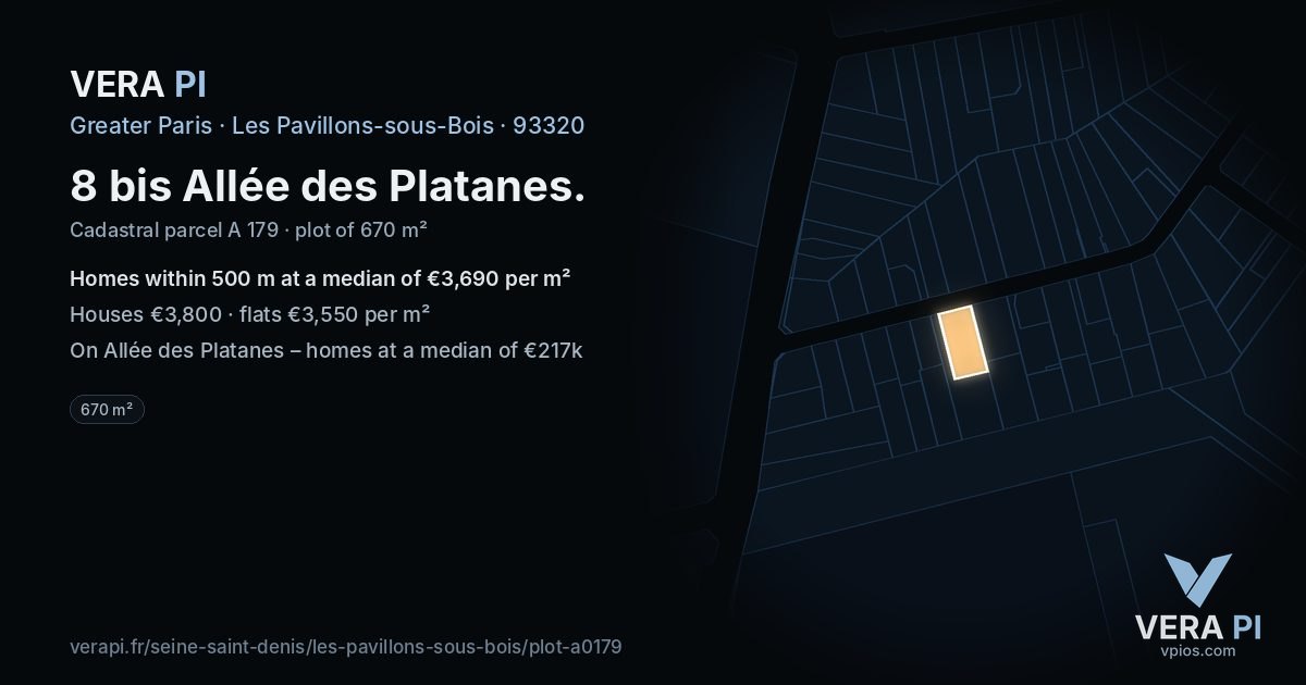8 bis Allée des Platanes, Les Pavillons-sous-Bois at night – the plot lit, the parcels around coloured by the prices near them