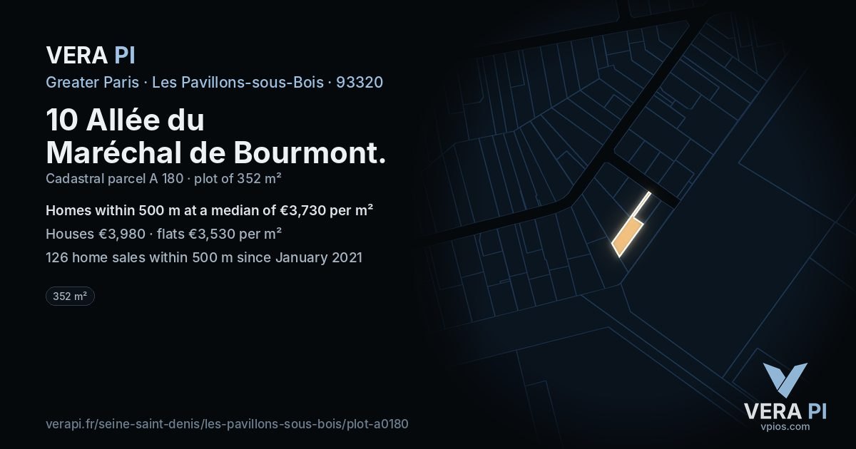 10 Allée du Maréchal de Bourmont, Les Pavillons-sous-Bois at night – the plot lit, the parcels around coloured by the prices near them