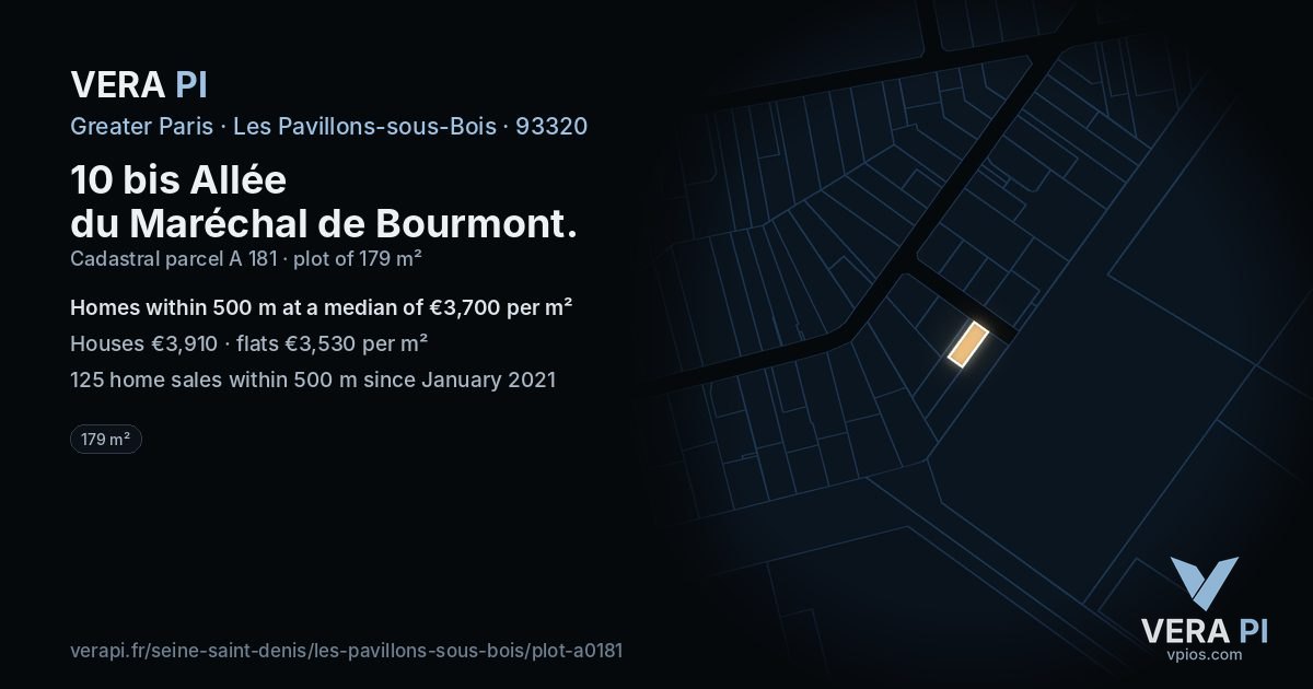 10 bis Allée du Maréchal de Bourmont, Les Pavillons-sous-Bois at night – the plot lit, the parcels around coloured by the prices near them