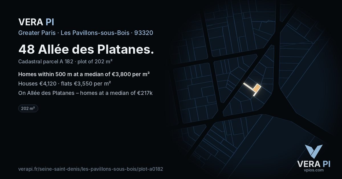 48 Allée des Platanes, Les Pavillons-sous-Bois at night – the plot lit, the parcels around coloured by the prices near them