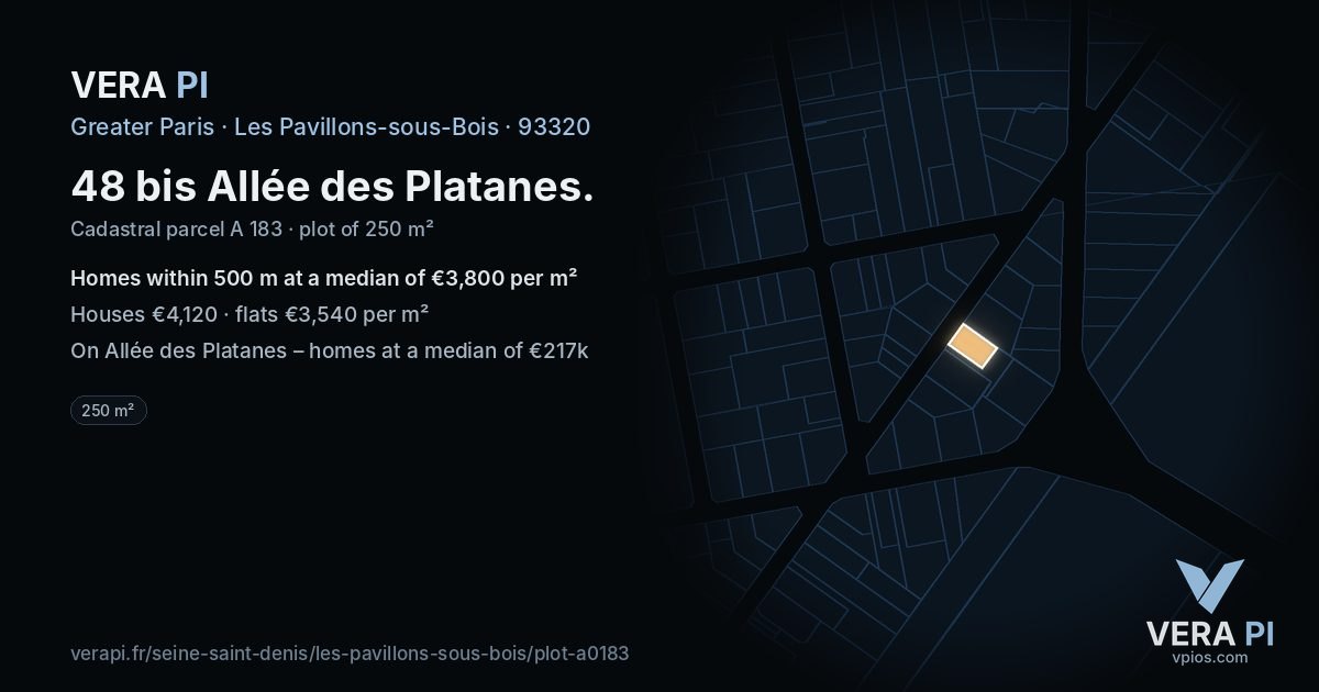 48 bis Allée des Platanes, Les Pavillons-sous-Bois at night – the plot lit, the parcels around coloured by the prices near them