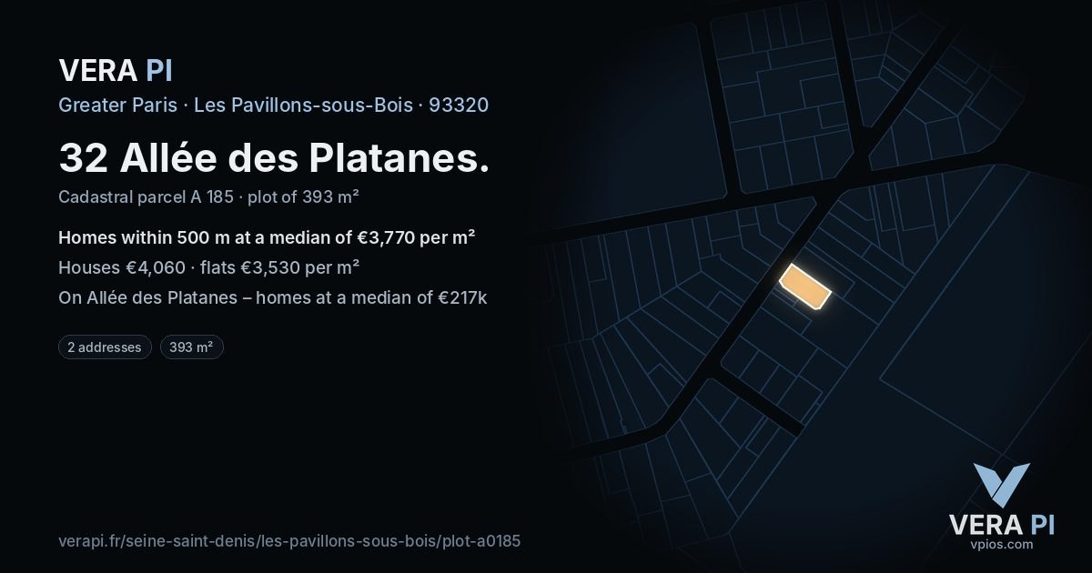 32 Allée des Platanes, Les Pavillons-sous-Bois at night – the plot lit, the parcels around coloured by the prices near them