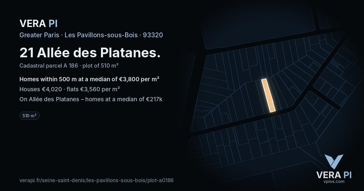 21 Allée des Platanes, Les Pavillons-sous-Bois at night – the plot lit, the parcels around coloured by the prices near them