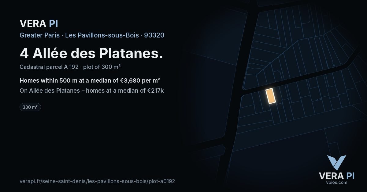 4 Allée des Platanes, Les Pavillons-sous-Bois at night – the plot lit, the parcels around coloured by the prices near them