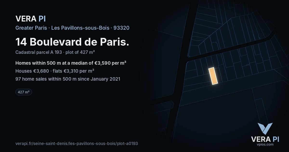 14 Boulevard de Paris, Les Pavillons-sous-Bois at night – the plot lit, the parcels around coloured by the prices near them