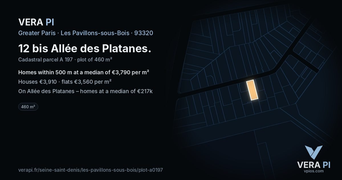 12 bis Allée des Platanes, Les Pavillons-sous-Bois at night – the plot lit, the parcels around coloured by the prices near them