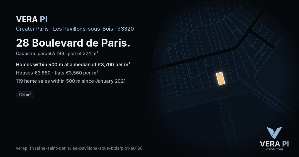 28 Boulevard de Paris, Les Pavillons-sous-Bois at night – the plot lit, the parcels around coloured by the prices near them