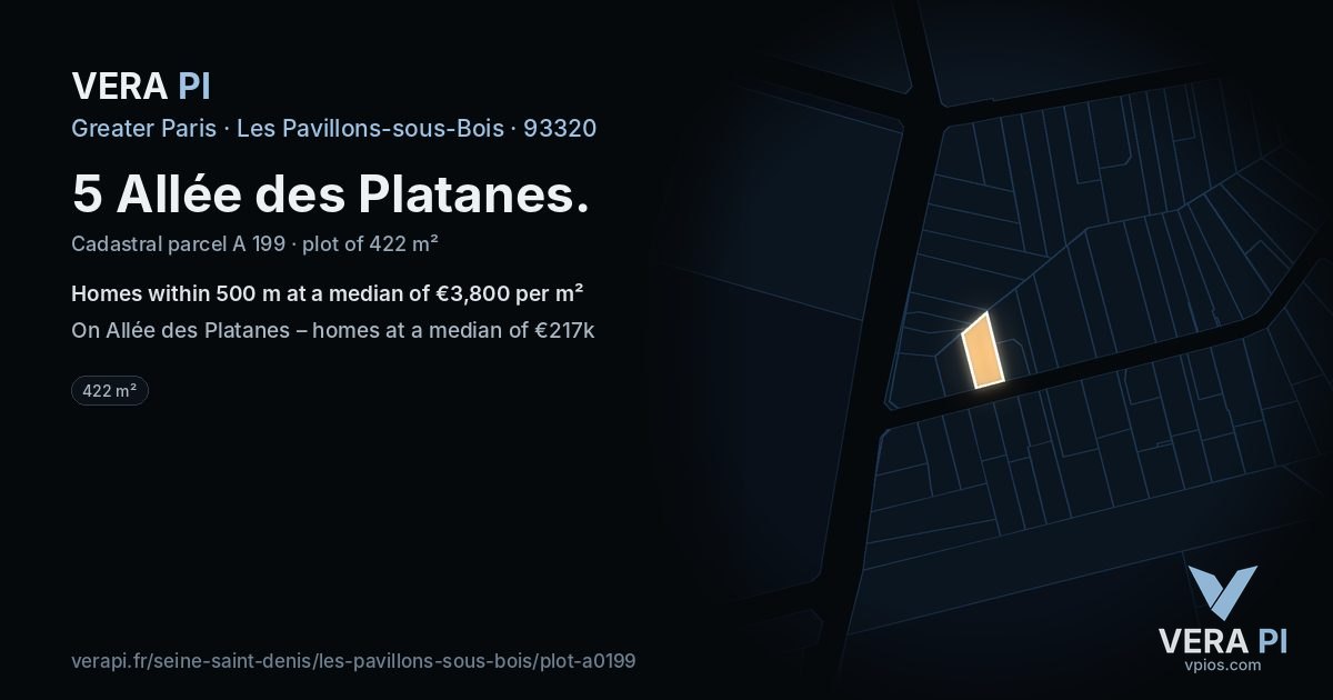 5 Allée des Platanes, Les Pavillons-sous-Bois at night – the plot lit, the parcels around coloured by the prices near them