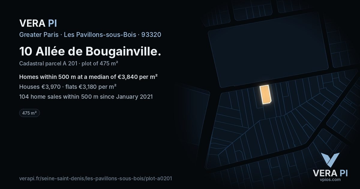 10 Allée de Bougainville, Les Pavillons-sous-Bois at night – the plot lit, the parcels around coloured by the prices near them