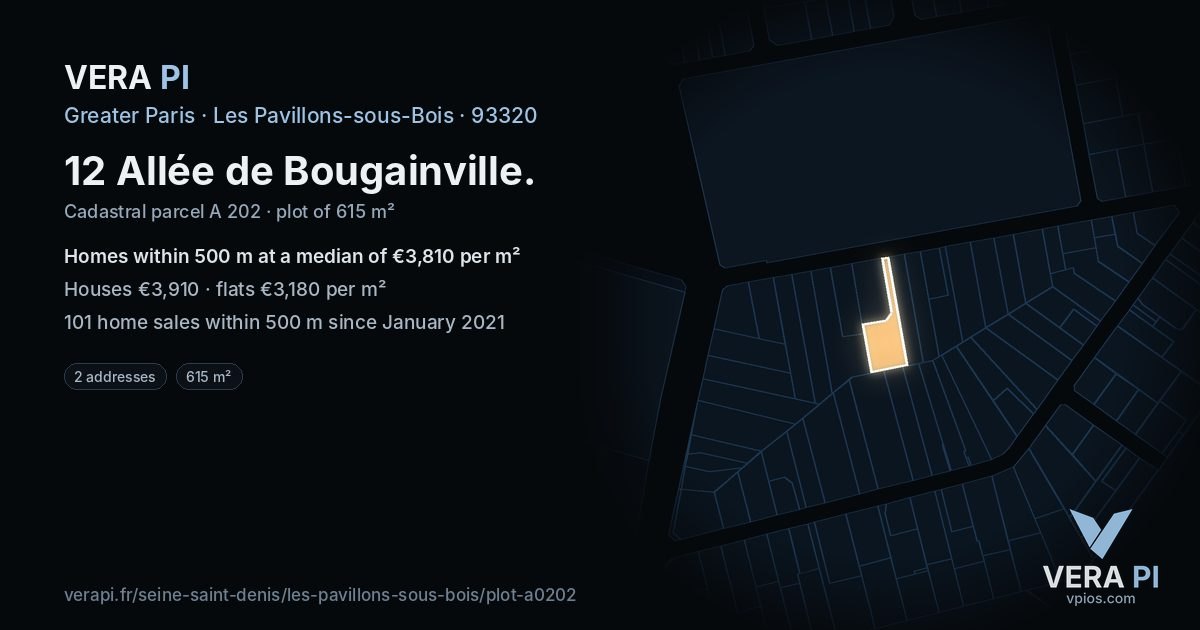 12 Allée de Bougainville, Les Pavillons-sous-Bois at night – the plot lit, the parcels around coloured by the prices near them
