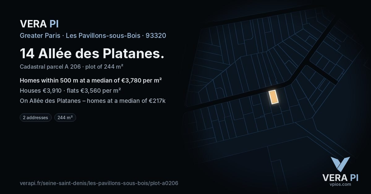 14 Allée des Platanes, Les Pavillons-sous-Bois at night – the plot lit, the parcels around coloured by the prices near them