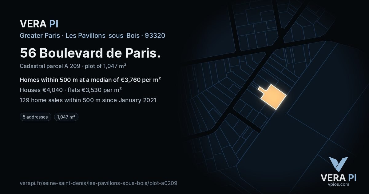 56 Boulevard de Paris, Les Pavillons-sous-Bois at night – the plot lit, the parcels around coloured by the prices near them