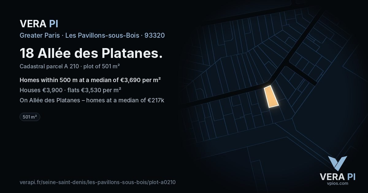 18 Allée des Platanes, Les Pavillons-sous-Bois at night – the plot lit, the parcels around coloured by the prices near them