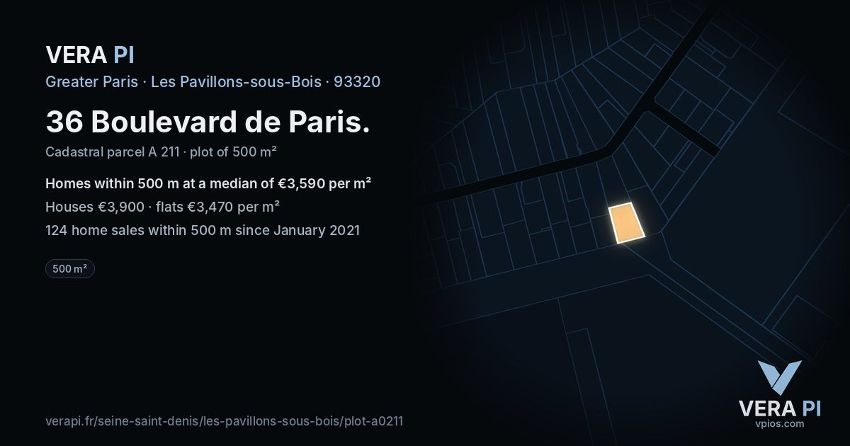 36 Boulevard de Paris, Les Pavillons-sous-Bois at night – the plot lit, the parcels around coloured by the prices near them