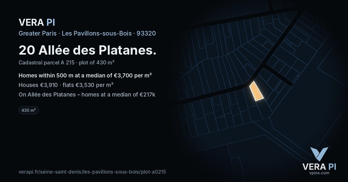20 Allée des Platanes, Les Pavillons-sous-Bois at night – the plot lit, the parcels around coloured by the prices near them