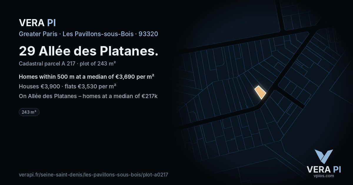 29 Allée des Platanes, Les Pavillons-sous-Bois at night – the plot lit, the parcels around coloured by the prices near them