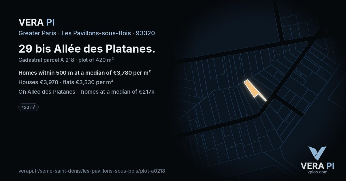29 bis Allée des Platanes, Les Pavillons-sous-Bois at night – the plot lit, the parcels around coloured by the prices near them