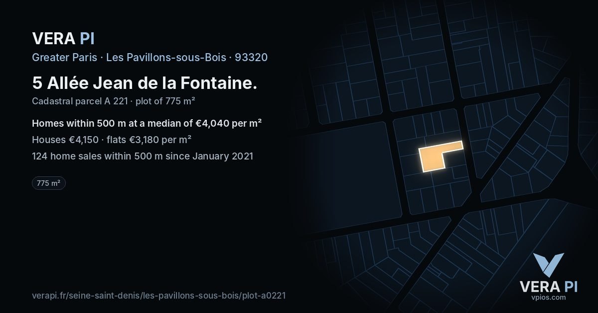 5 Allée Jean de la Fontaine, Les Pavillons-sous-Bois at night – the plot lit, the parcels around coloured by the prices near them
