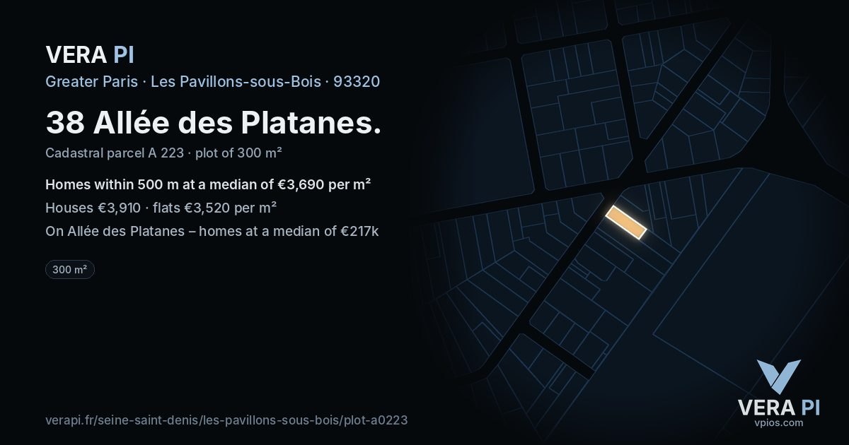 38 Allée des Platanes, Les Pavillons-sous-Bois at night – the plot lit, the parcels around coloured by the prices near them