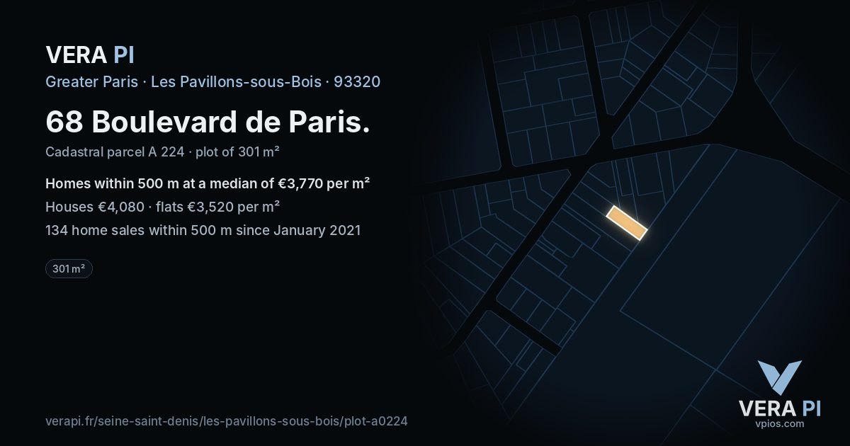68 Boulevard de Paris, Les Pavillons-sous-Bois at night – the plot lit, the parcels around coloured by the prices near them