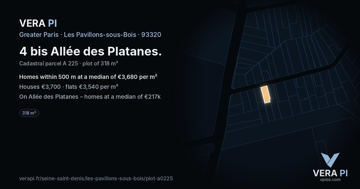 4 bis Allée des Platanes, Les Pavillons-sous-Bois at night – the plot lit, the parcels around coloured by the prices near them