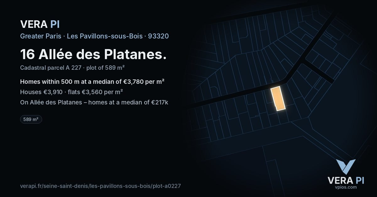 16 Allée des Platanes, Les Pavillons-sous-Bois at night – the plot lit, the parcels around coloured by the prices near them