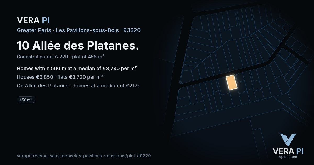 10 Allée des Platanes, Les Pavillons-sous-Bois at night – the plot lit, the parcels around coloured by the prices near them