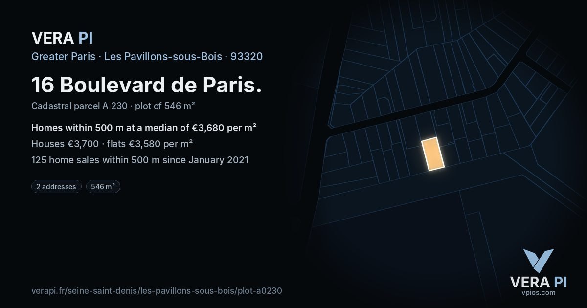 16 Boulevard de Paris, Les Pavillons-sous-Bois at night – the plot lit, the parcels around coloured by the prices near them
