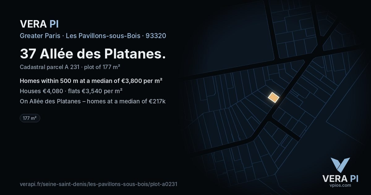 37 Allée des Platanes, Les Pavillons-sous-Bois at night – the plot lit, the parcels around coloured by the prices near them