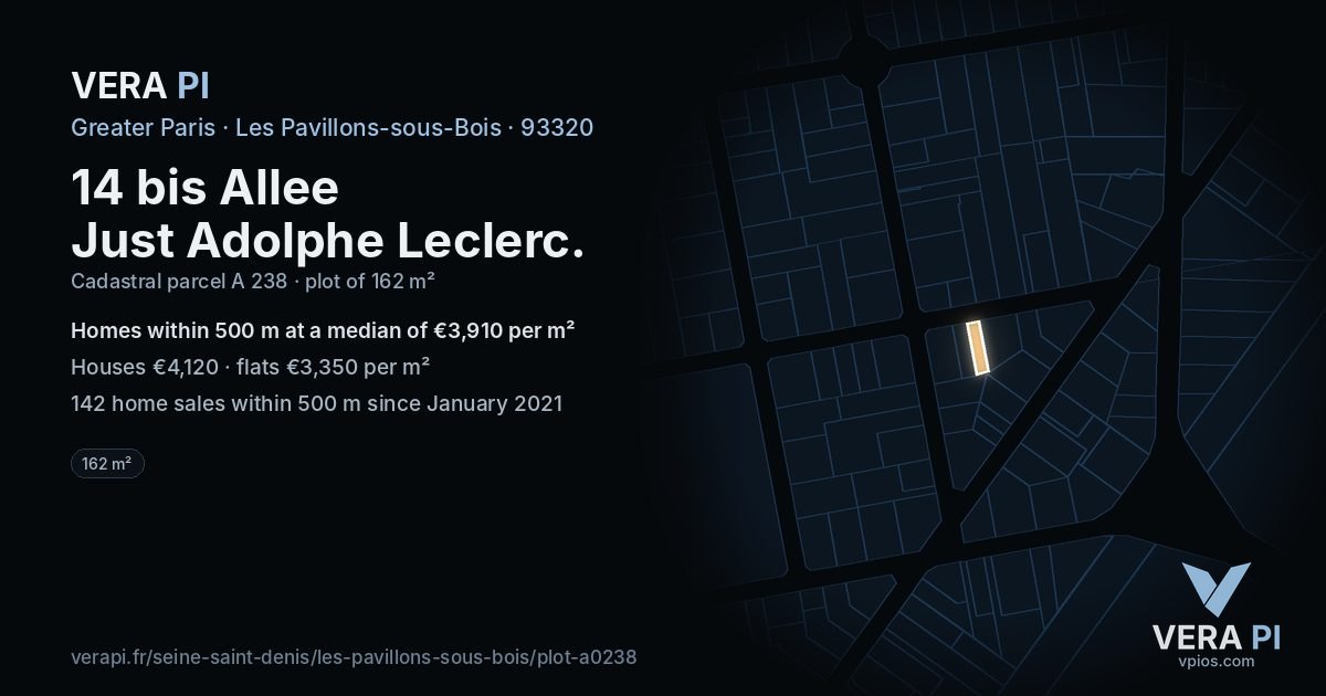 14 bis Allee Just Adolphe Leclerc, Les Pavillons-sous-Bois at night – the plot lit, the parcels around coloured by the prices near them