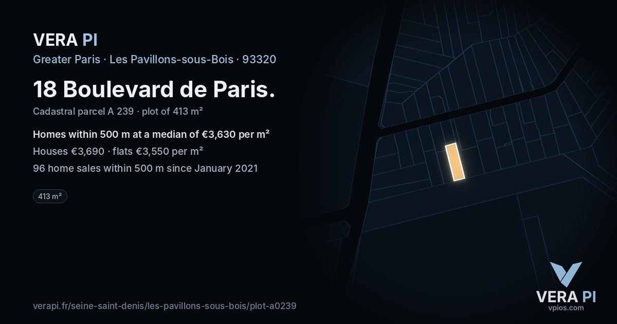 18 Boulevard de Paris, Les Pavillons-sous-Bois at night – the plot lit, the parcels around coloured by the prices near them