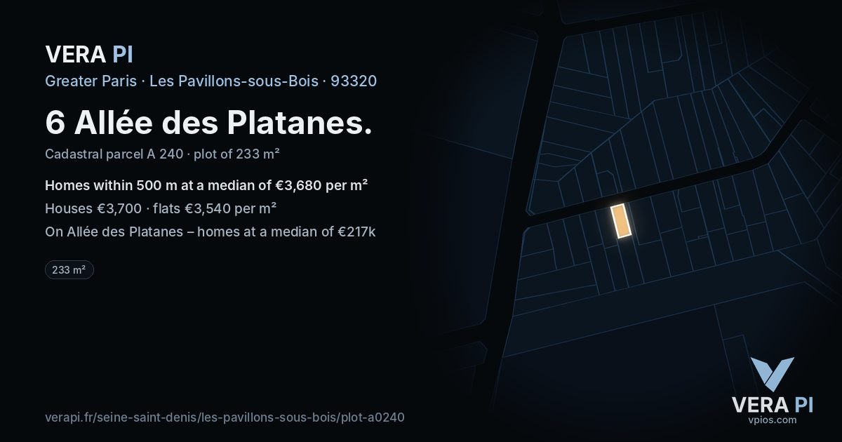 6 Allée des Platanes, Les Pavillons-sous-Bois at night – the plot lit, the parcels around coloured by the prices near them
