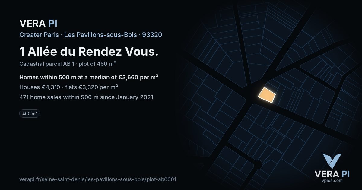 1 Allée du Rendez Vous, Les Pavillons-sous-Bois at night – the plot lit, the parcels around coloured by the prices near them