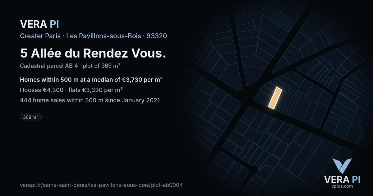 5 Allée du Rendez Vous, Les Pavillons-sous-Bois at night – the plot lit, the parcels around coloured by the prices near them