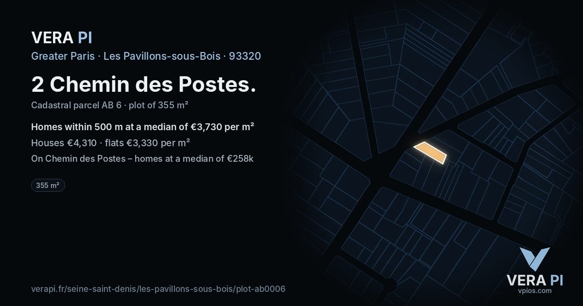 2 Chemin des Postes, Les Pavillons-sous-Bois at night – the plot lit, the parcels around coloured by the prices near them