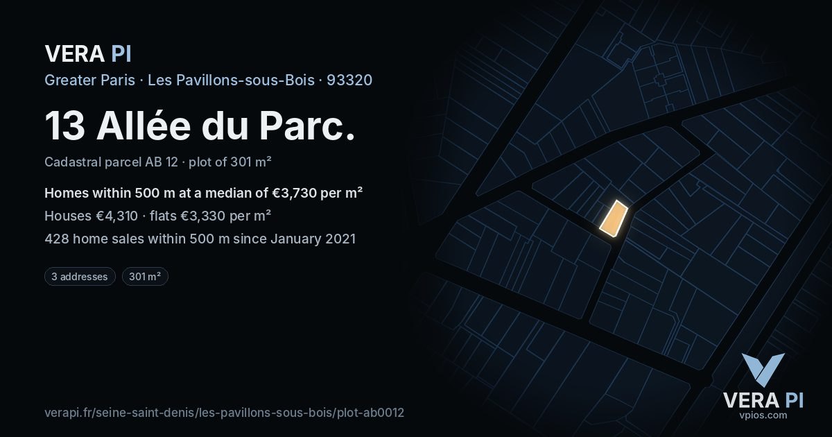 13 Allée du Parc, Les Pavillons-sous-Bois at night – the plot lit, the parcels around coloured by the prices near them