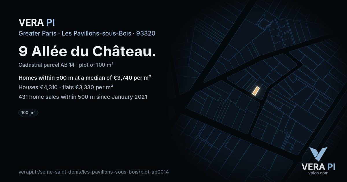 9 Allée du Château, Les Pavillons-sous-Bois at night – the plot lit, the parcels around coloured by the prices near them