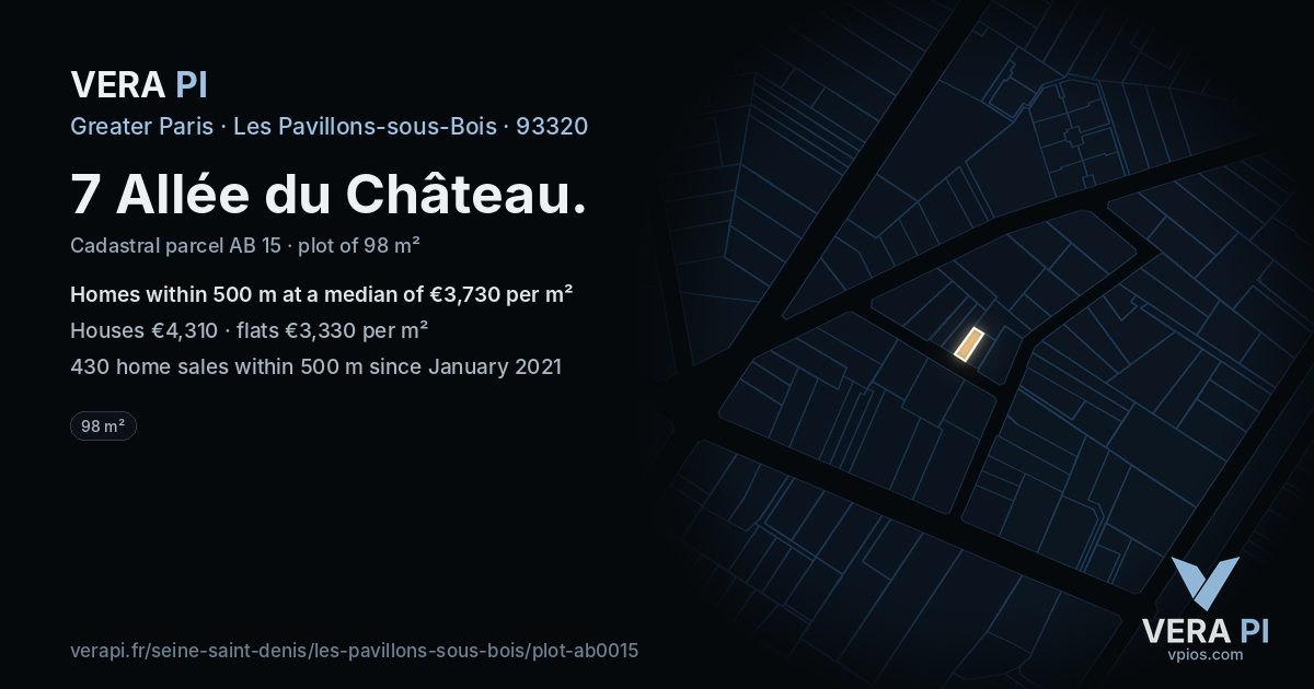 7 Allée du Château, Les Pavillons-sous-Bois at night – the plot lit, the parcels around coloured by the prices near them