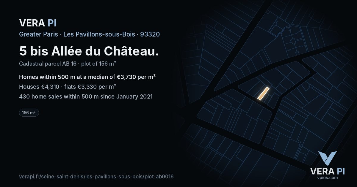5 bis Allée du Château, Les Pavillons-sous-Bois at night – the plot lit, the parcels around coloured by the prices near them