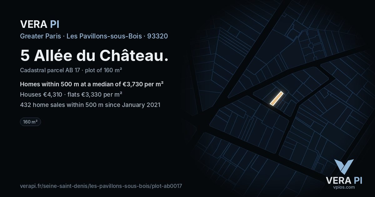 5 Allée du Château, Les Pavillons-sous-Bois at night – the plot lit, the parcels around coloured by the prices near them