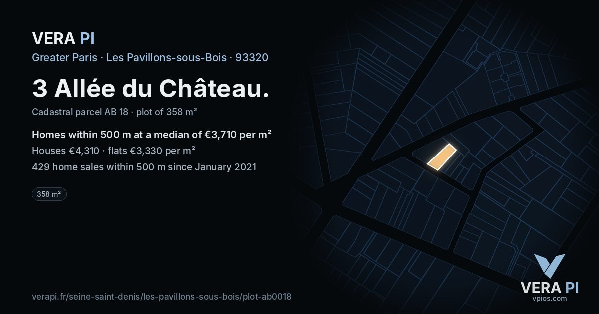 3 Allée du Château, Les Pavillons-sous-Bois at night – the plot lit, the parcels around coloured by the prices near them
