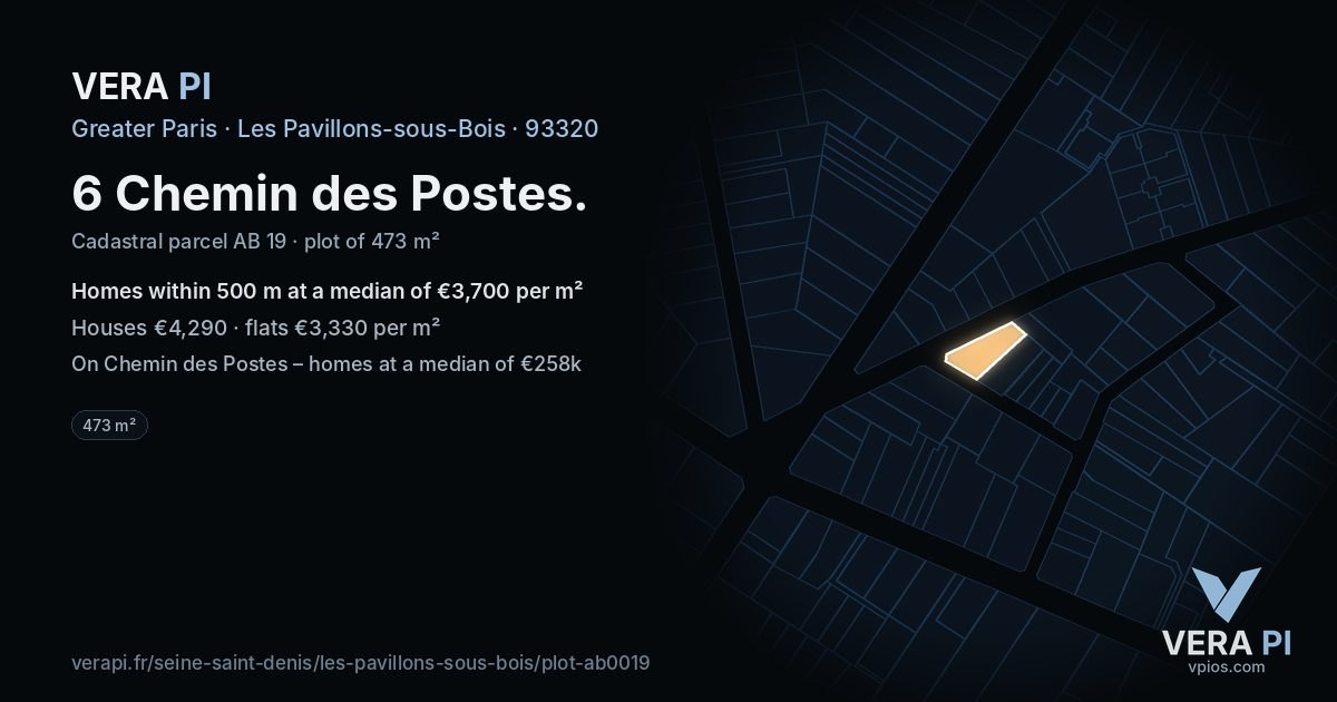 6 Chemin des Postes, Les Pavillons-sous-Bois at night – the plot lit, the parcels around coloured by the prices near them