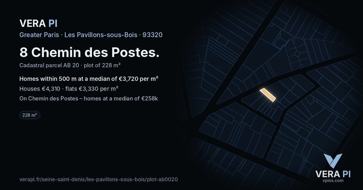 8 Chemin des Postes, Les Pavillons-sous-Bois at night – the plot lit, the parcels around coloured by the prices near them