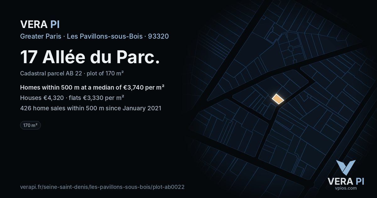 17 Allée du Parc, Les Pavillons-sous-Bois at night – the plot lit, the parcels around coloured by the prices near them